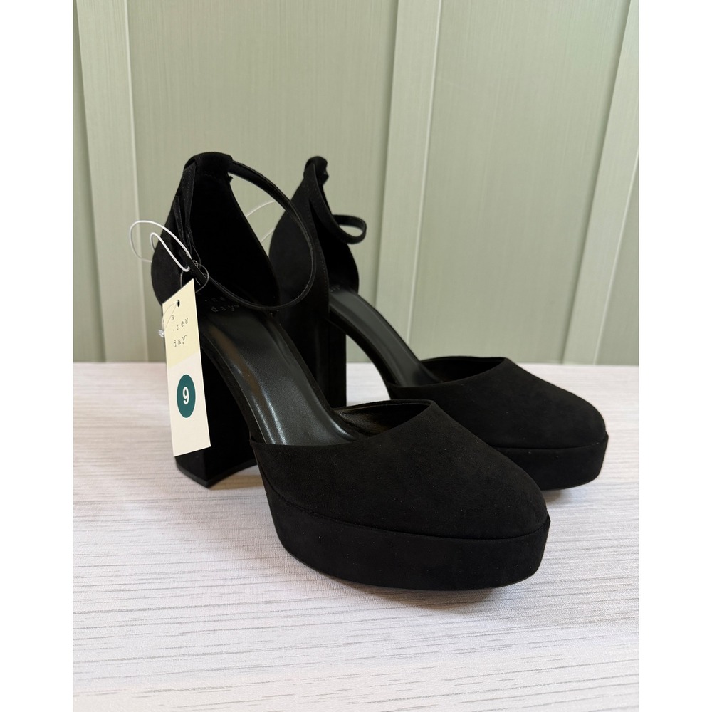 A New Day Size 9 Black Faux Suede Platform Block Heel Ankle Strap Pumps Womens